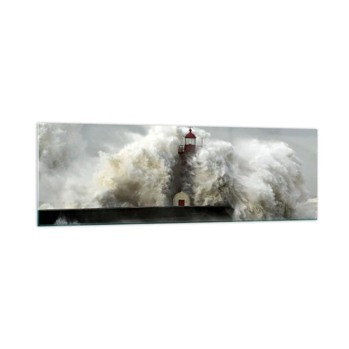 Impression sur verre - Image sur verre - Un phare entouré de vagues violentes pendant une tempête - 160x50cm - La colère de l'océan - Décoration murale moderne pour le salon et la chambre ARTTOR