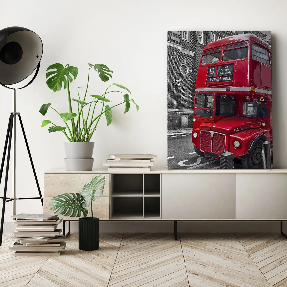 Impression sur toile - Image sur toile - Un bus rouge à impériale à Londres sur fond d'architecture classique - 80x120cm - Toujours la même chose - Décoration murale moderne pour le salon et la chambre ARTTOR