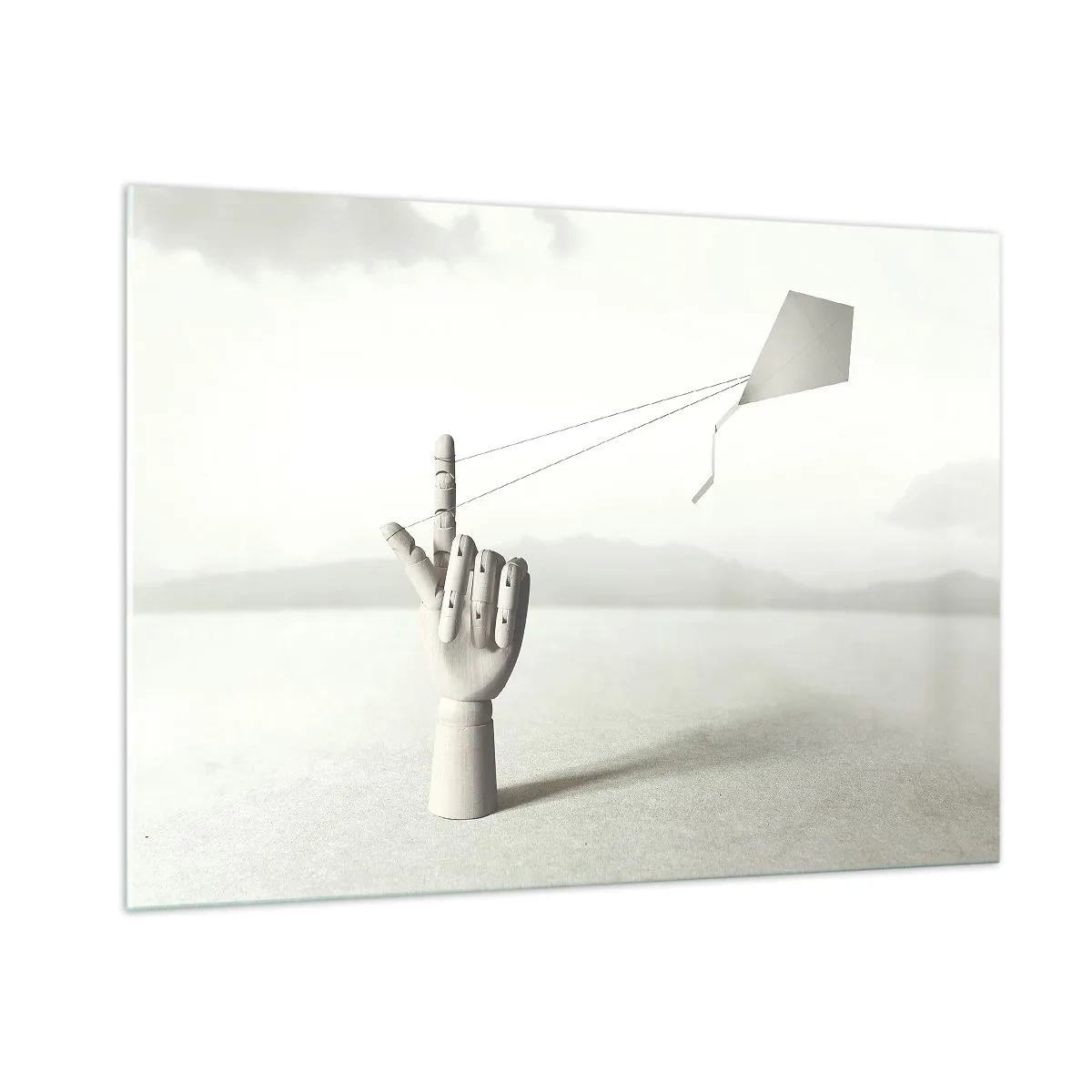 Impression sur verre - Image sur verre - Une main en bois tenant un cerf-volant flottant sur son doigt - 100x70cm - Épreuve de force - Décoration murale moderne pour le salon et la chambre ARTTOR
