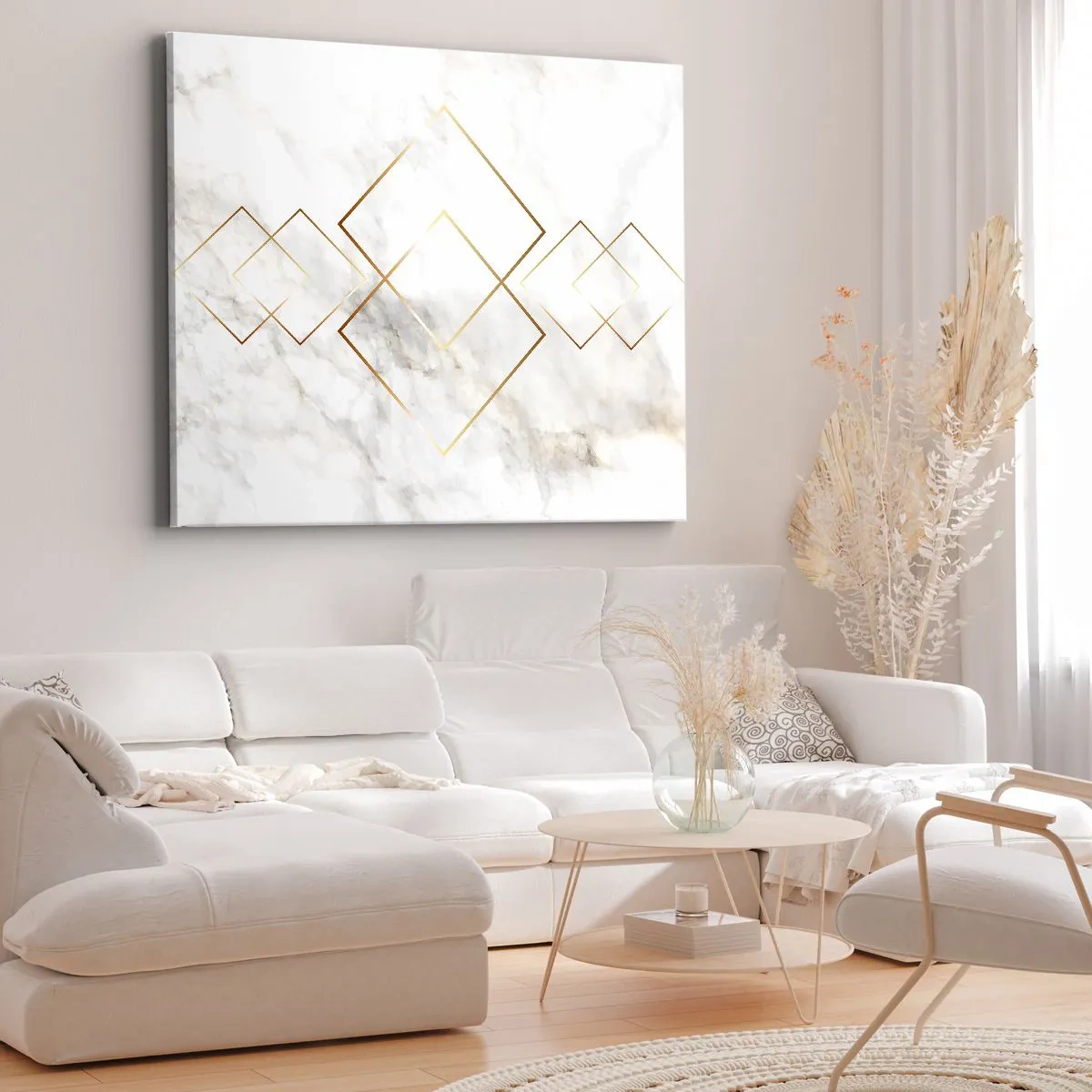 Impression sur toile - Image sur toile - Losanges dorés minimalistes sur fond de marbre - 70x50cm - Vue à l'infini - Décoration murale moderne pour le salon et la chambre ARTTOR