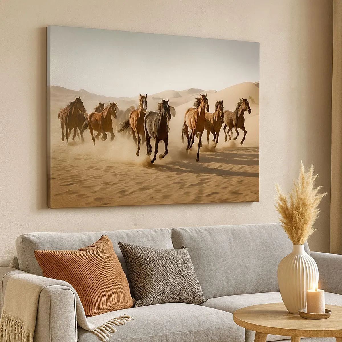 Impression sur toile - Image sur toile - Chevaux au galop sur fond de désert - 70x50cm - Libre comme le vent - Décoration murale moderne pour le salon et la chambre ARTTOR