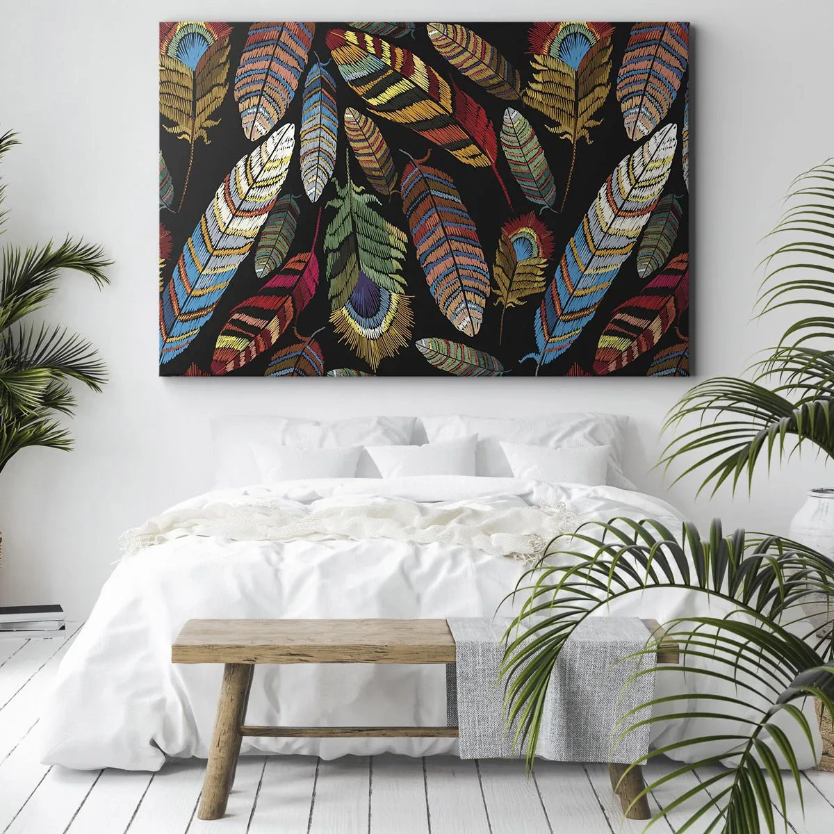 Impression sur toile - Image sur toile - Plumes colorées sur fond noir - 70x50cm - Le carnaval des oiseaux - Décoration murale moderne pour le salon et la chambre ARTTOR