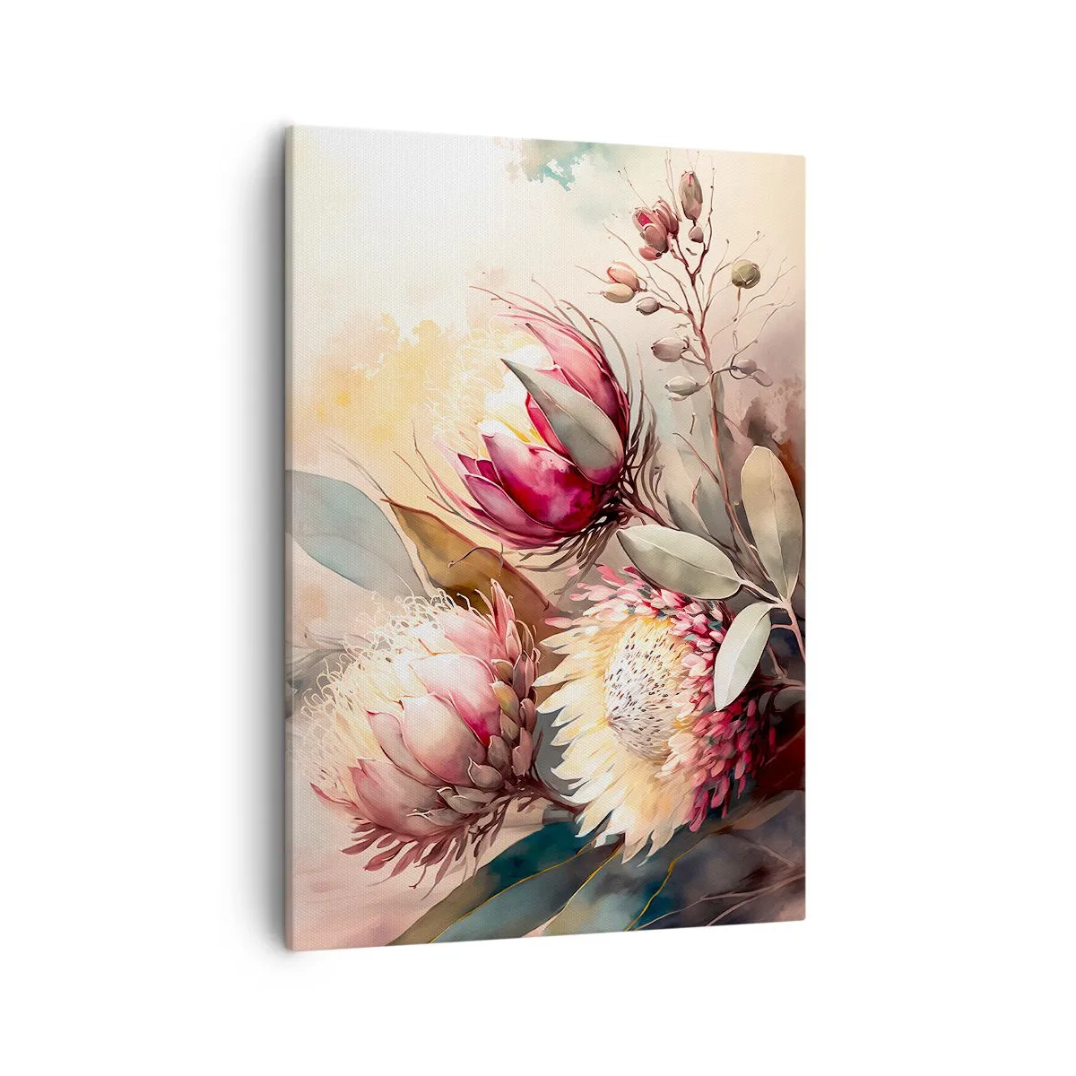 Impression sur toile - Image sur toile - Fleurs de Protea aux tons pastel délicats - 50x70cm - De profil et de face - Décoration murale moderne pour le salon et la chambre ARTTOR