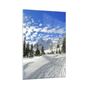 Impression sur verre - Image sur verre - Paysage de montagne hivernal avec une forêt et un chemin dans la neige - 80x120cm - Dans la neige et au soleil - Décoration murale moderne pour le salon et la chambre ARTTOR