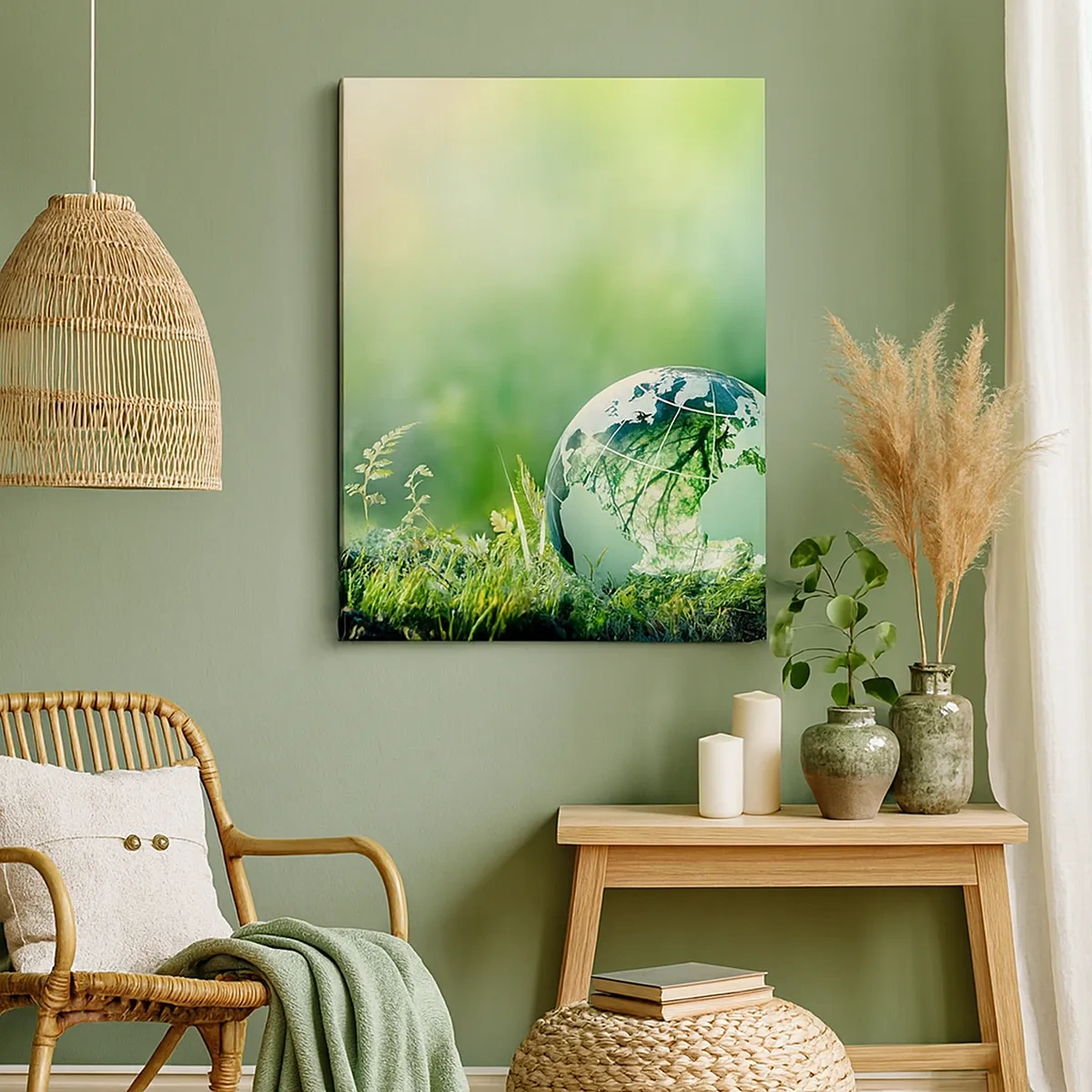 Impression sur toile - Image sur toile - Un globe de cristal parmi la verdure de la nature - 50x70cm - La planette verte - Décoration murale moderne pour le salon et la chambre ARTTOR