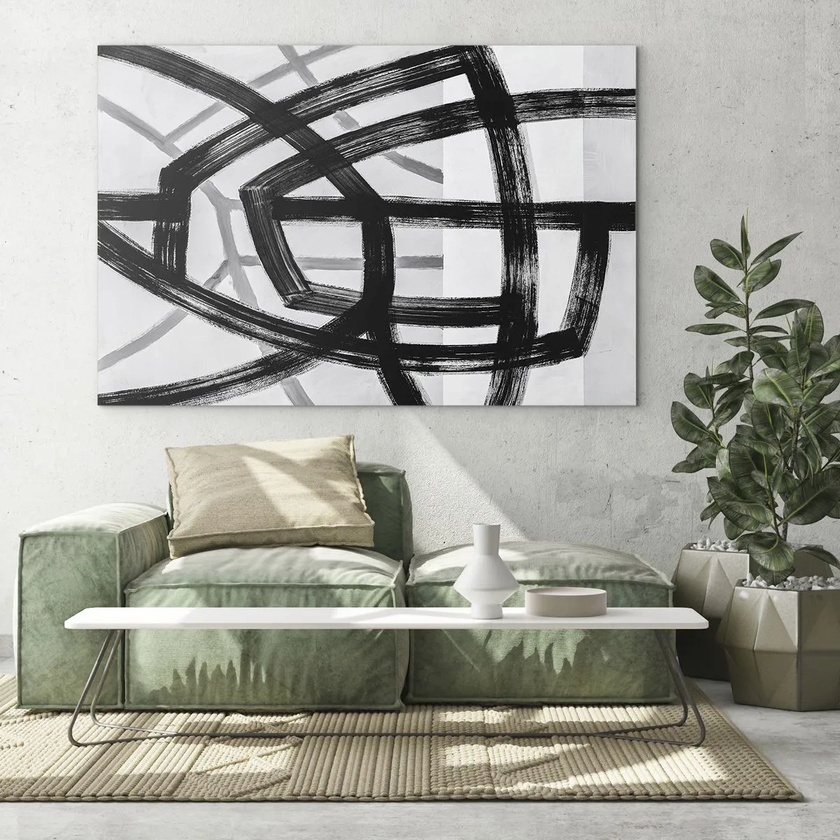 Impression sur verre - Image sur verre - Les coups de pinceau noirs et gris créent un réseau dynamique de lignes. - 100x70cm - Profondeur du bâtiment - Décoration murale moderne pour le salon et la chambre ARTTOR