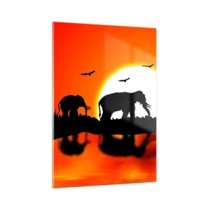 Impression sur verre - Image sur verre - Silhouettes d'éléphants contre le soleil couchant - 50x70cm - Et le soir pour un petit verre - Décoration murale moderne pour le salon et la chambre ARTTOR