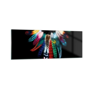 Impression sur verre - Image sur verre - Plumes colorées sur fond noir dans une composition artistique - 140x50cm - Collier indien - Décoration murale moderne pour le salon et la chambre ARTTOR