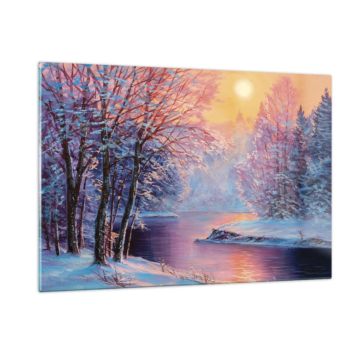 Impression sur verre - Image sur verre - Paysage d'hiver avec une rivière et un coucher de soleil - 120x80cm - Couleurs d'hiver - Décoration murale moderne pour le salon et la chambre ARTTOR