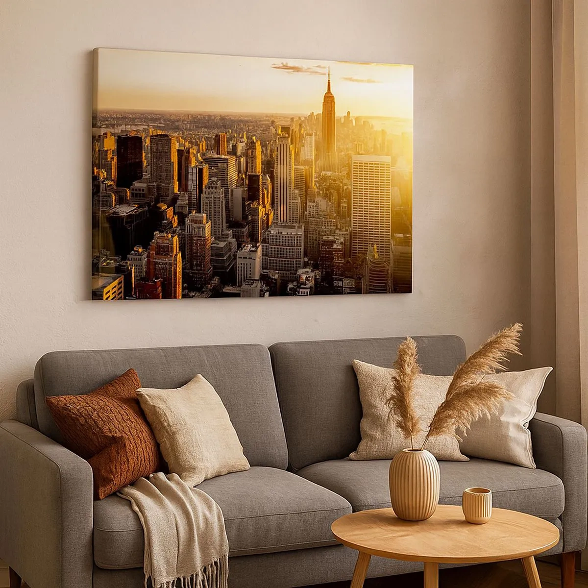 Impression sur toile - Image sur toile - Skyline de New York au coucher du soleil avec vue sur l'Empire State Building - 70x50cm - Grandir au soleil - Décoration murale moderne pour le salon et la chambre ARTTOR
