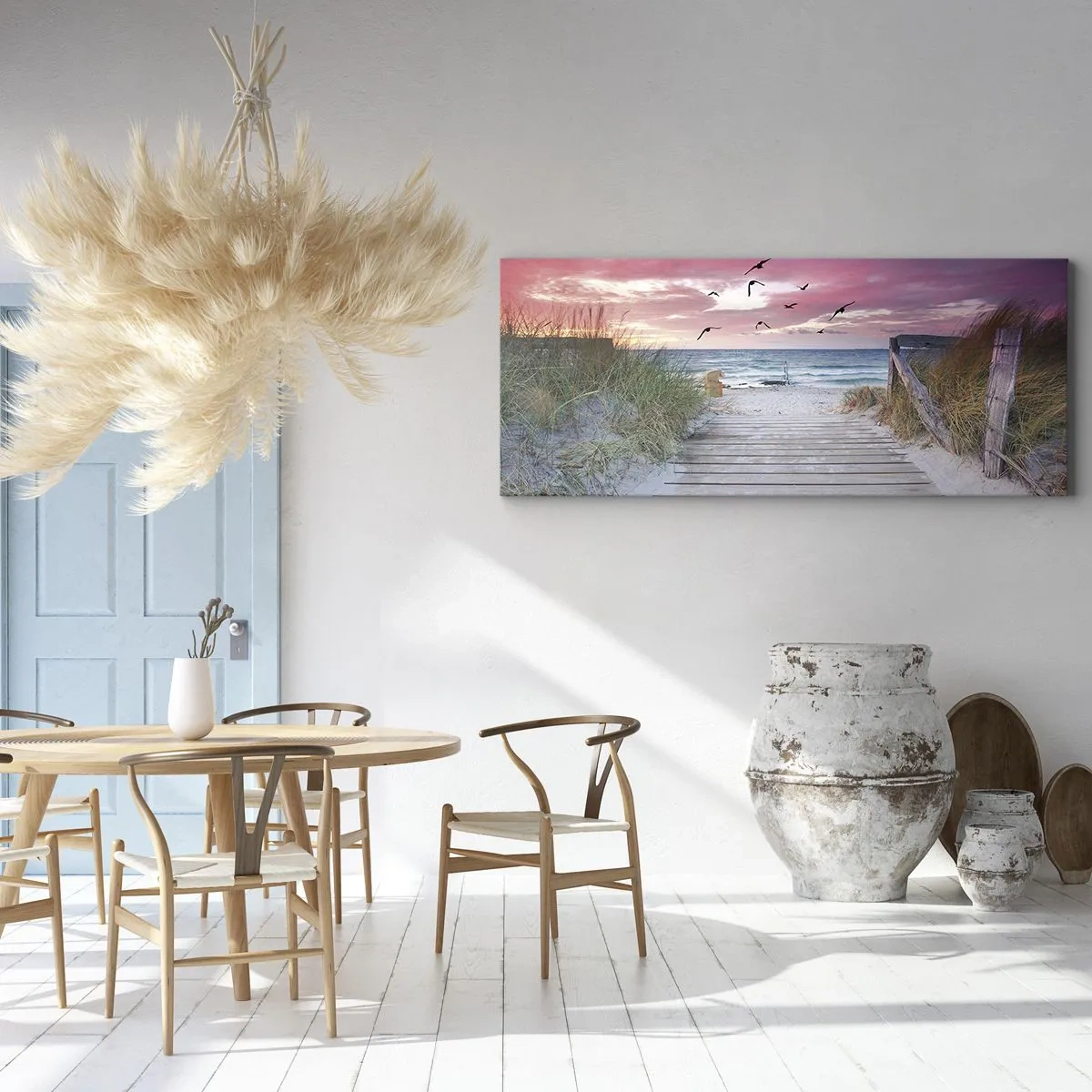 Impression sur toile - Image sur toile - Chemin en bois sur la plage au coucher du soleil rose - 120x50cm - Impression de la Baltique - Décoration murale moderne pour le salon et la chambre ARTTOR