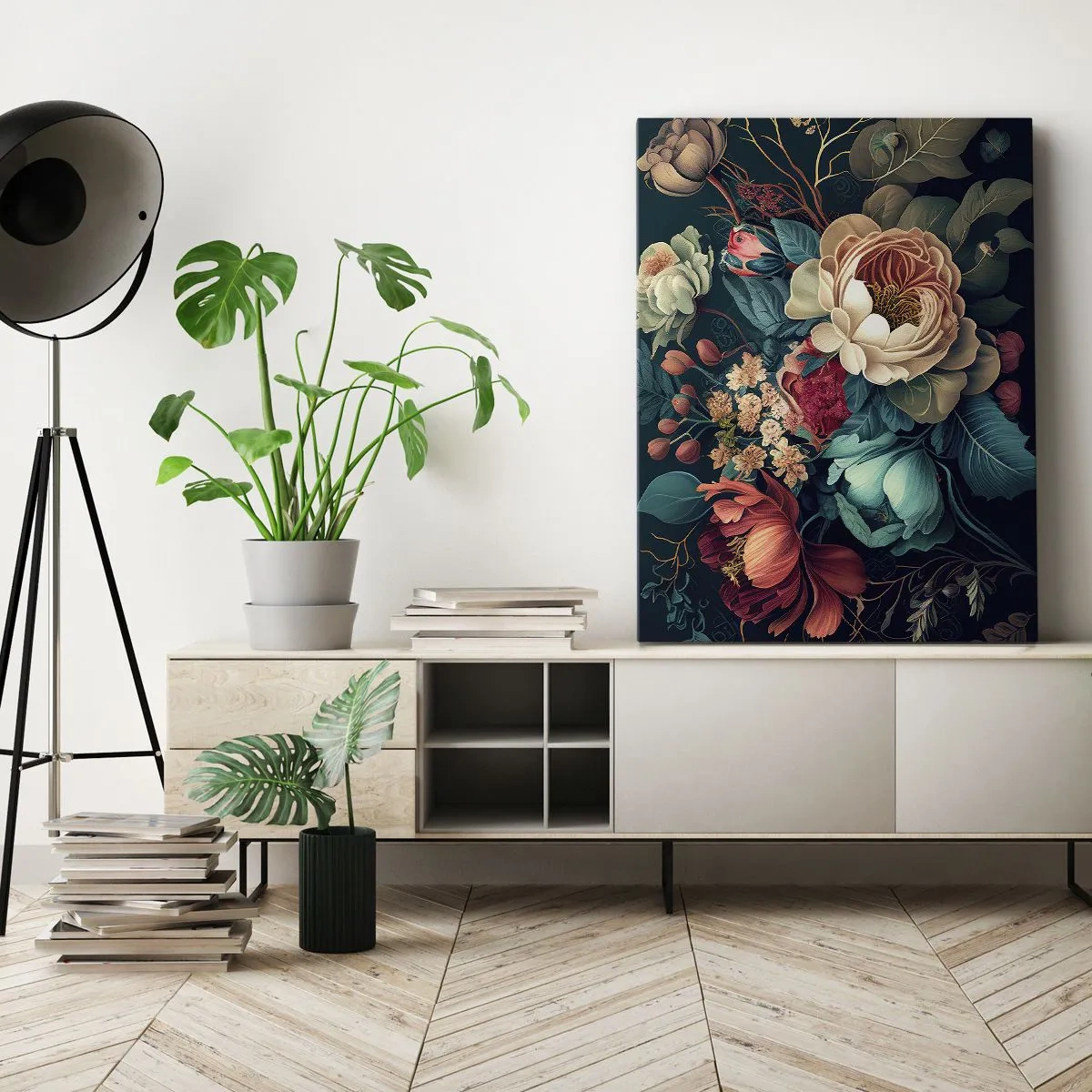 Impression sur toile - Image sur toile - Une composition colorée de fleurs sur un fond sombre - 70x100cm - le charme du 19ème siècle - Décoration murale moderne pour le salon et la chambre ARTTOR