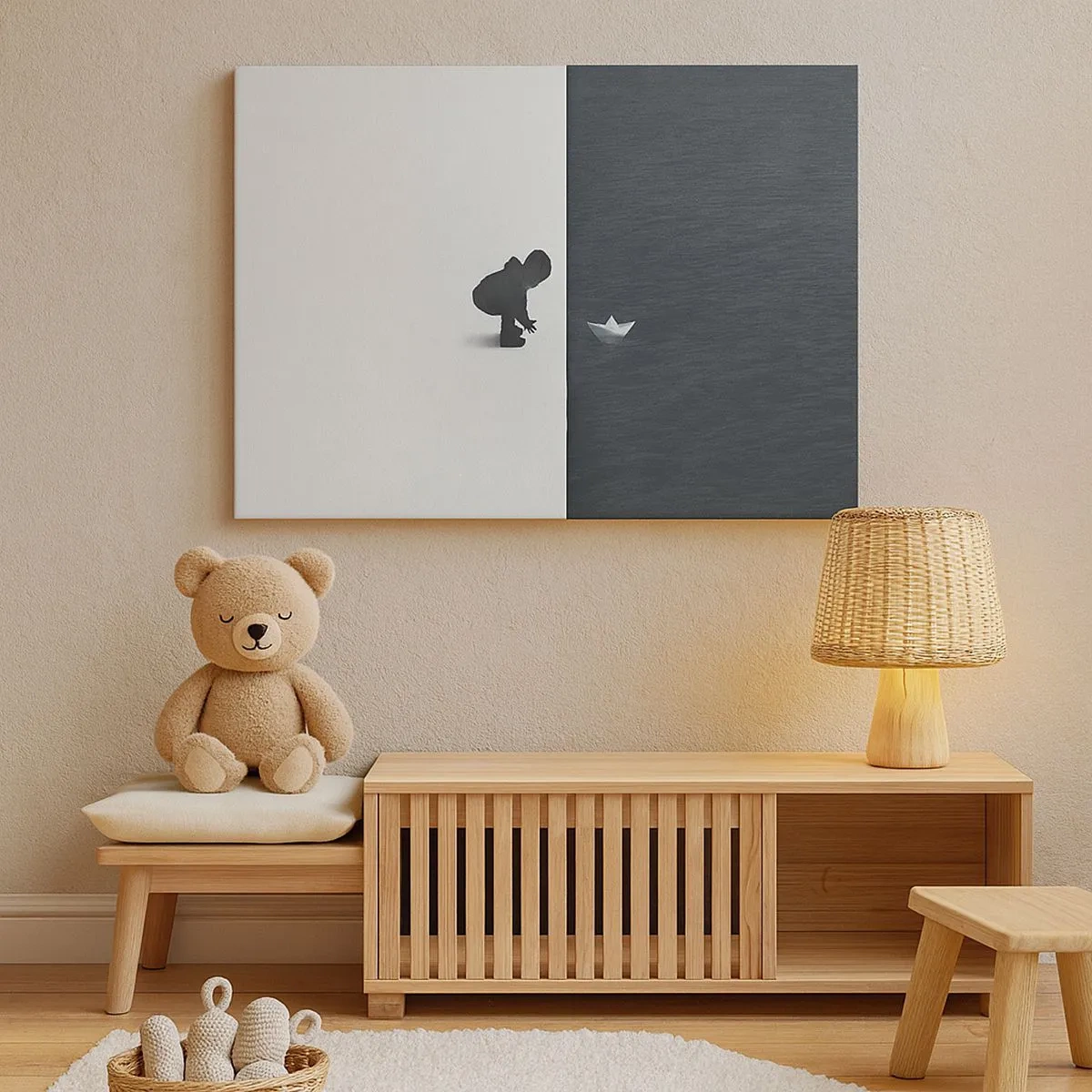 Impression sur toile - Image sur toile - Une figure d'enfant avec un bateau en papier sur un fond de moitiés contrastées - 70x50cm - Grande expédition - Décoration murale moderne pour le salon et la chambre ARTTOR