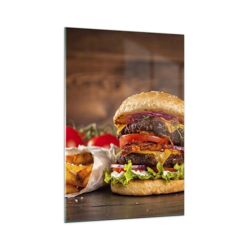 Impression sur verre - Image sur verre - Burger appétissant avec extras - 70x100cm - Le fruit défendu - Décoration murale moderne pour le salon et la chambre ARTTOR