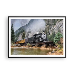 Affiche dans un cadre noir - Poster - Une locomotive à vapeur sur un pont dans un paysage de montagne pittoresque - 100x70cm - Et lui jusqu'où? Jusqu'où? - Décoration murale moderne pour le salon et la chambre ARTTOR
