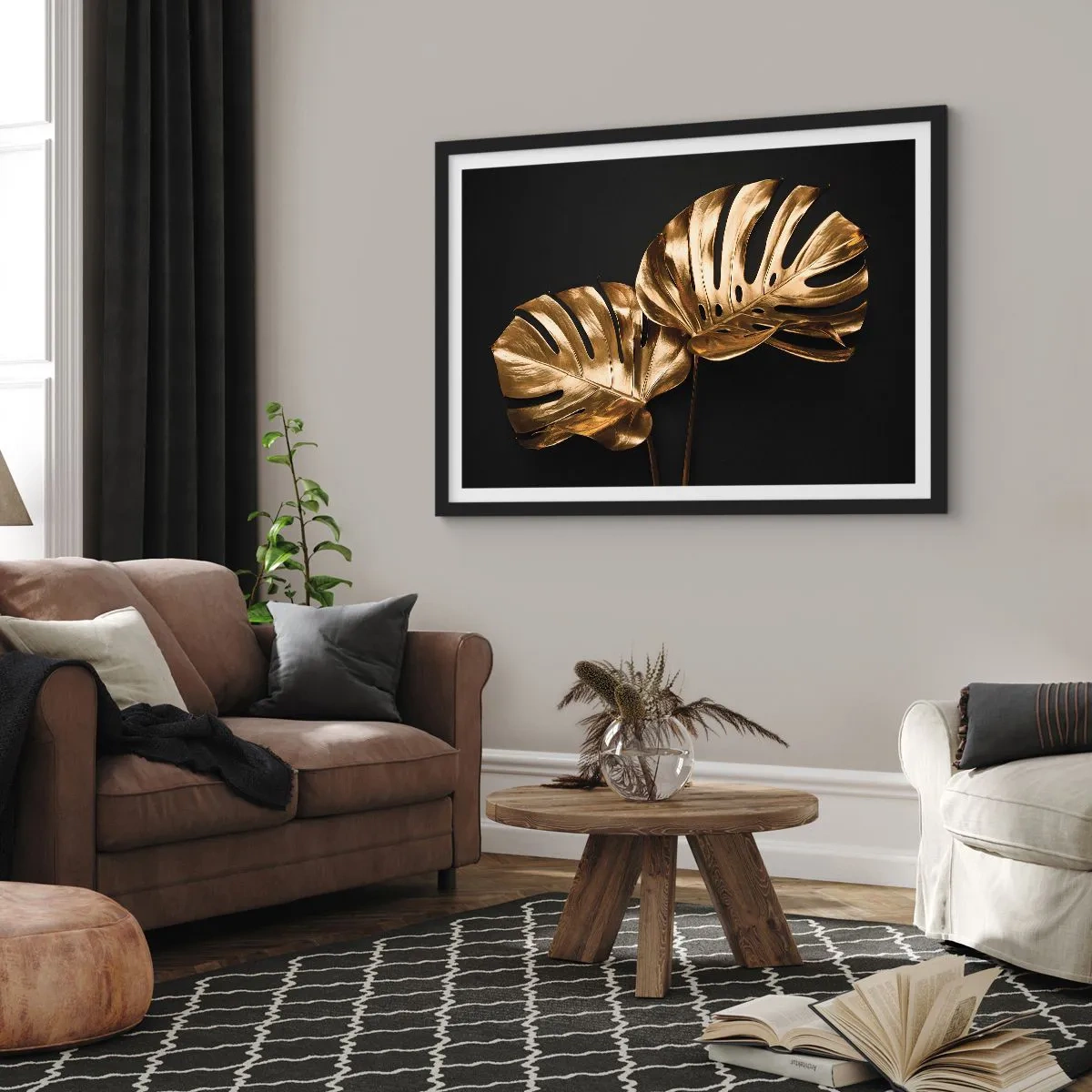 Affiche dans un cadre noir - Poster - Feuilles de monstera dorées sur fond noir - 70x50cm - Les trésors de la nature - Décoration murale moderne pour le salon et la chambre ARTTOR