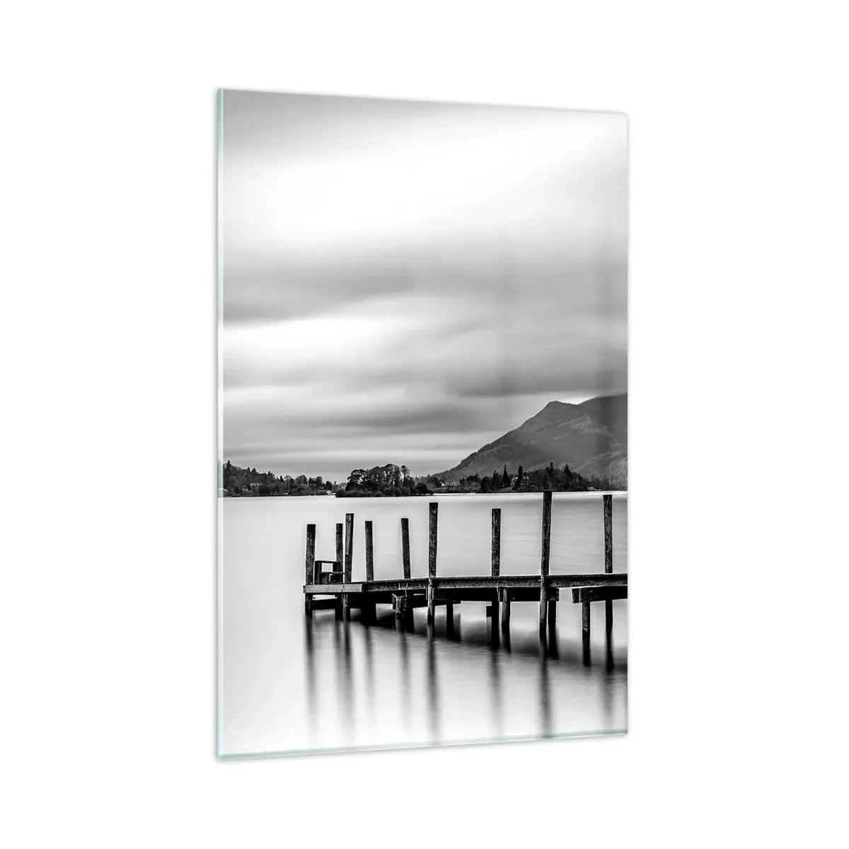 Impression sur verre - Image sur verre - Paysage noir et blanc avec une jetée sur un lac - 80x120cm - Douceur et force - Décoration murale moderne pour le salon et la chambre ARTTOR