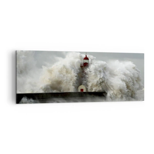 Impression sur toile - Image sur toile - Un phare entouré de vagues violentes pendant une tempête - 140x50cm - La colère de l'océan - Décoration murale moderne pour le salon et la chambre ARTTOR