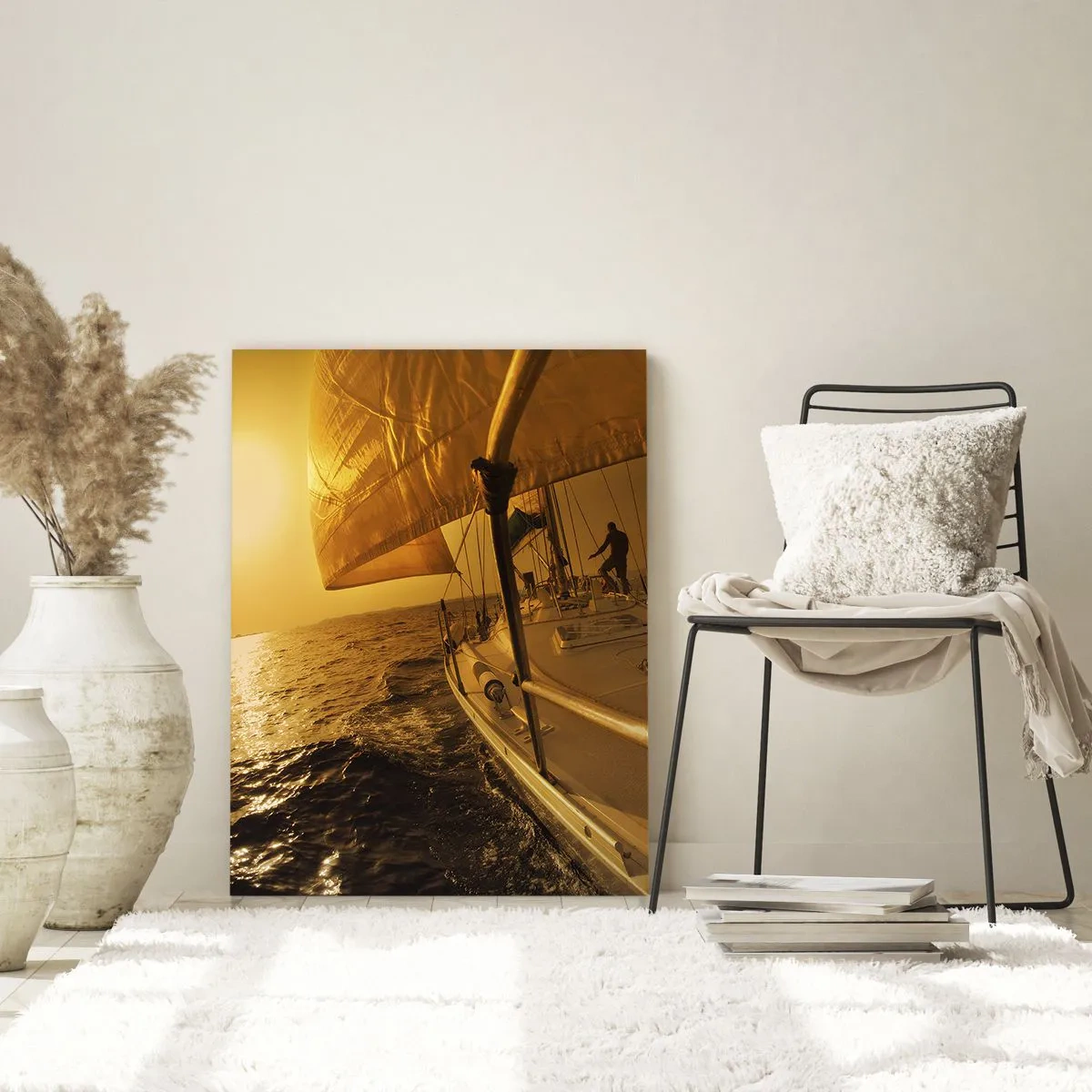 Impression sur verre - Image sur verre - Un voilier sur fond de soleil couchant - 50x70cm - Une soirée en por après une journée haute en couleurs - Décoration murale moderne pour le salon et la chambre ARTTOR