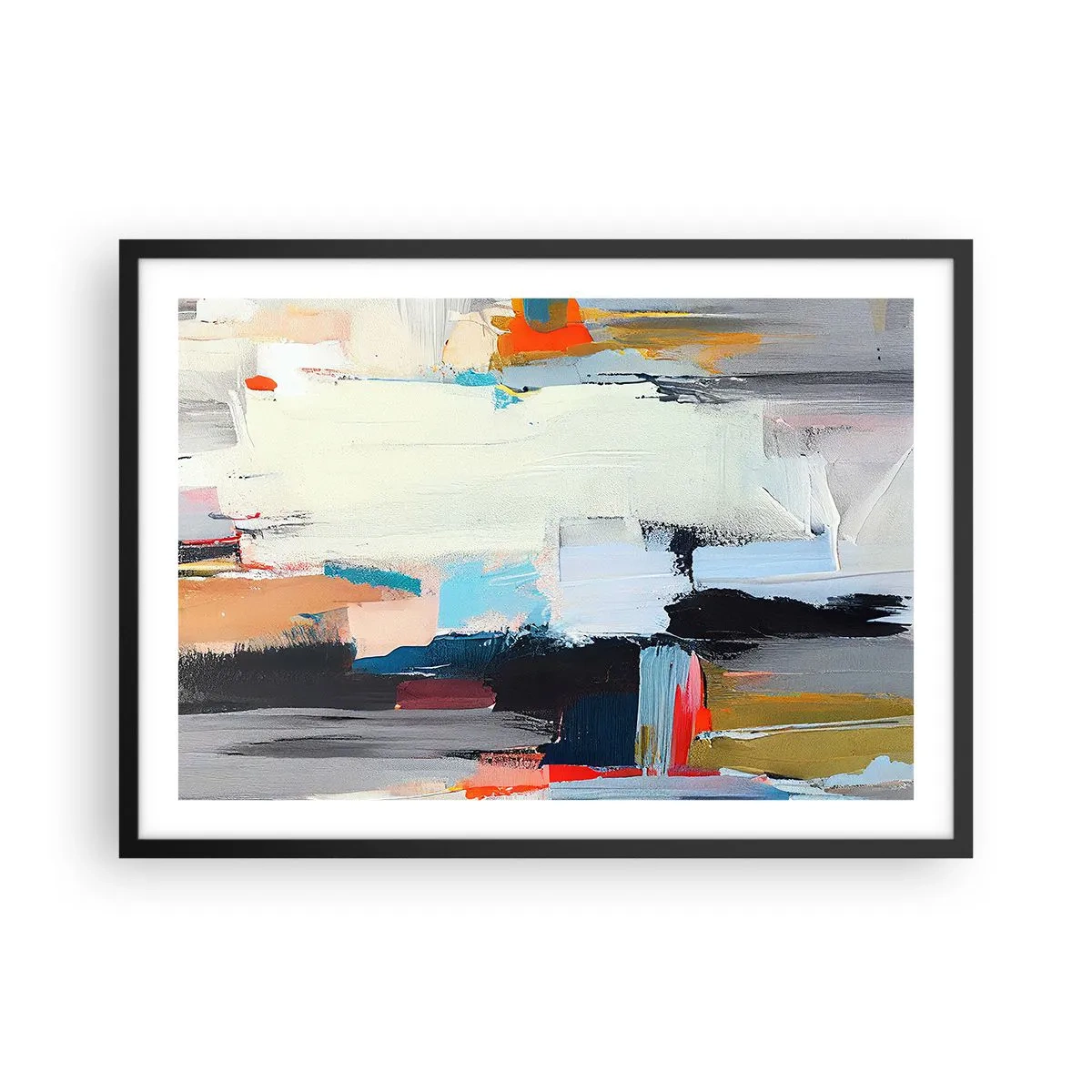 Affiche dans un cadre noir - Poster - Abstraction colorée avec des coups de pinceau dynamiques - 70x50cm - Y a-t-il une méthode ? - Décoration murale moderne pour le salon et la chambre ARTTOR