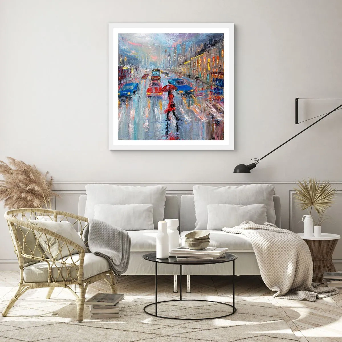 Affiche dans un cadre blanc - Poster - Après-midi pluvieux en ville - 40x40 cm