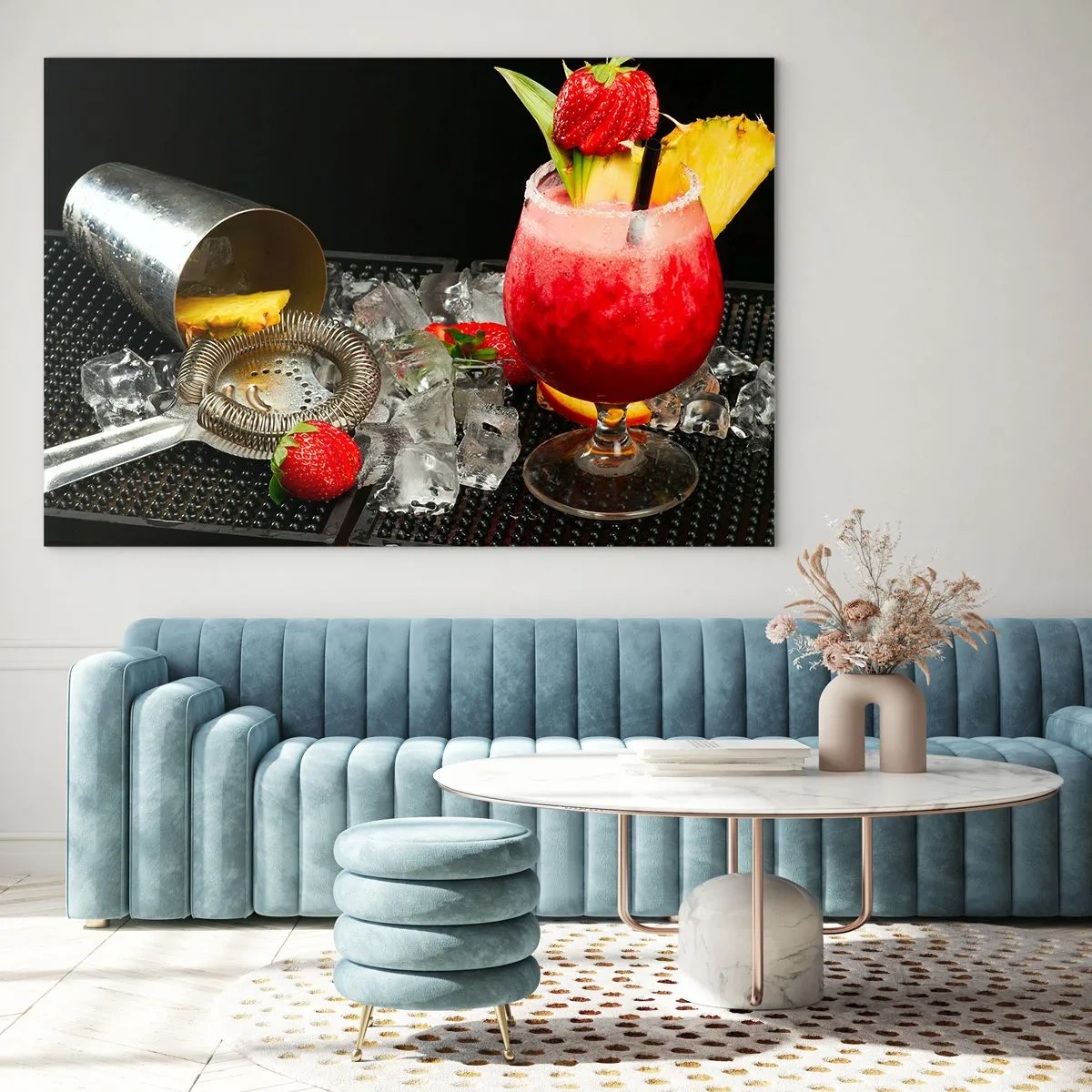 Impression sur verre - Image sur verre - Une boisson colorée avec des fruits et un shaker sur glace - 100x70cm - Envouter le goût - Décoration murale moderne pour le salon et la chambre ARTTOR