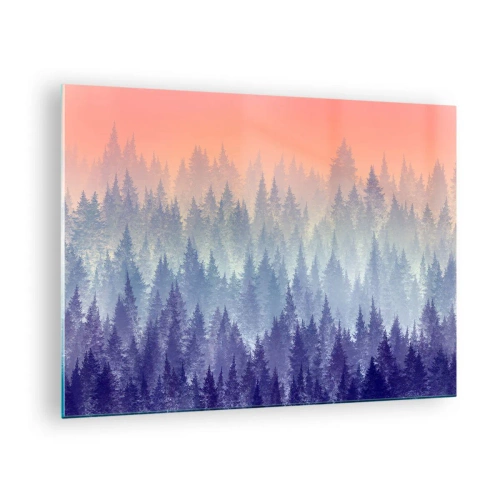 Impression sur verre - Image sur verre - Forêt de conifères mystérieuse aux tons pastel du matin - 70x50cm - Haut, plus haut, vers le ciel - Décoration murale moderne pour le salon et la chambre ARTTOR