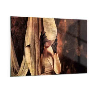 Impression sur verre - Image sur verre - Une femme mystérieuse entourée de tissus dorés - 120x80cm - Entre le bon et le mauvais - Décoration murale moderne pour le salon et la chambre ARTTOR