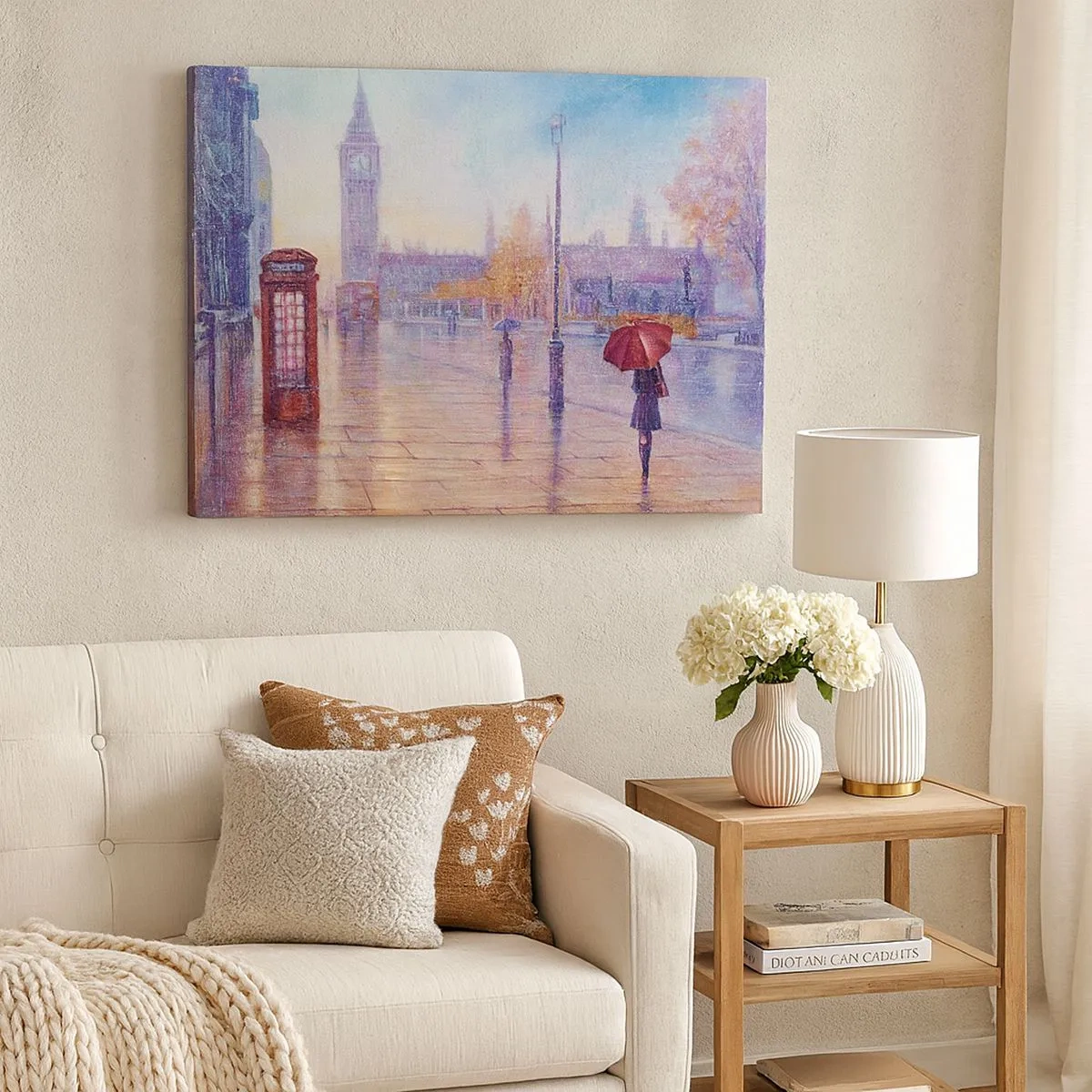 Impression sur toile - Image sur toile - Rue de Londres avec Big Ben un jour de pluie - 70x50cm - Jour automnal londonien - Décoration murale moderne pour le salon et la chambre ARTTOR