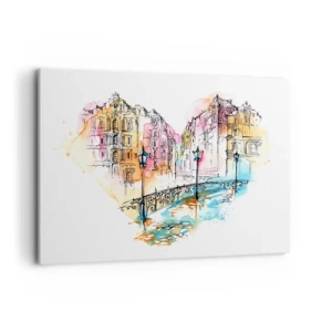 Impression sur toile - Image sur toile - Aquarelle d'un pont et de maisons en forme de cœur - 100x70cm - Le coeur de la ville - Décoration murale moderne pour le salon et la chambre ARTTOR