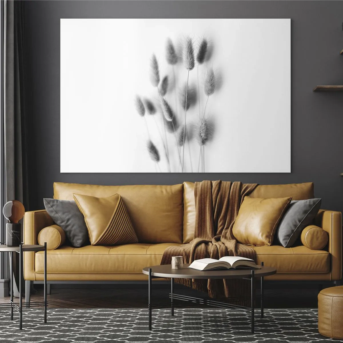 Impression sur verre - Image sur verre - Épis d'herbe noirs et blancs sur fond clair dans un style minimaliste - 120x80cm - Son herbe duveteuse - Décoration murale moderne pour le salon et la chambre ARTTOR