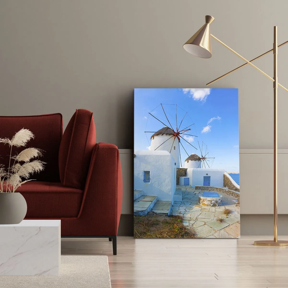 Impression sur toile - Image sur toile - Des moulins à vent blancs sur les rives de la mer bleue - 70x100cm - Le vent bleu de la mer - Décoration murale moderne pour le salon et la chambre ARTTOR