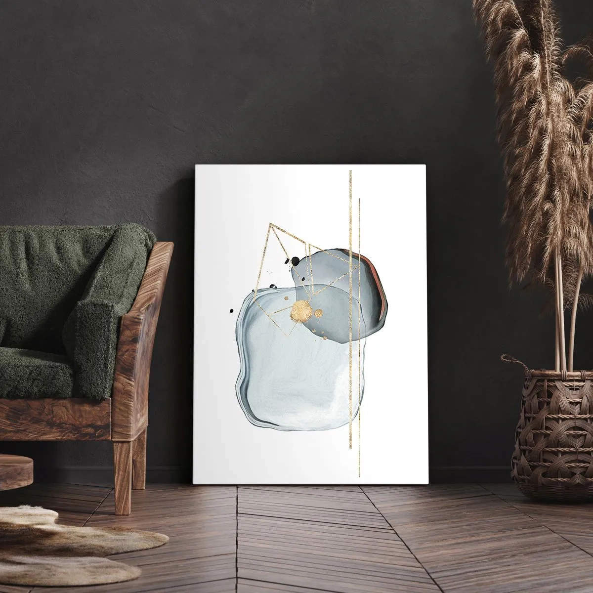 Impression sur toile - Image sur toile - Formes abstraites dans des tons de bleu et d'or sur fond blanc - 50x70cm - Etude des gouttes - Décoration murale moderne pour le salon et la chambre ARTTOR