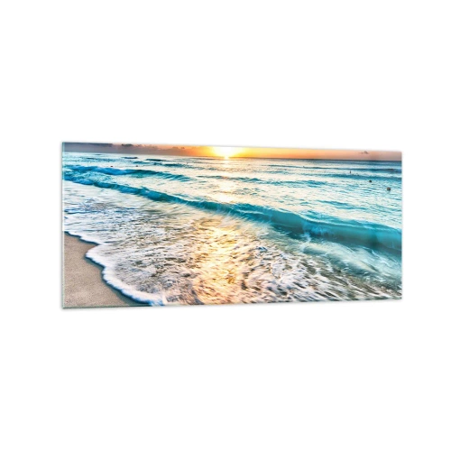 Impression sur verre - Image sur verre - Lever de soleil sur une plage tranquille avec des vagues - 120x50cm - Une vue qui en vaut la peine - Décoration murale moderne pour le salon et la chambre ARTTOR