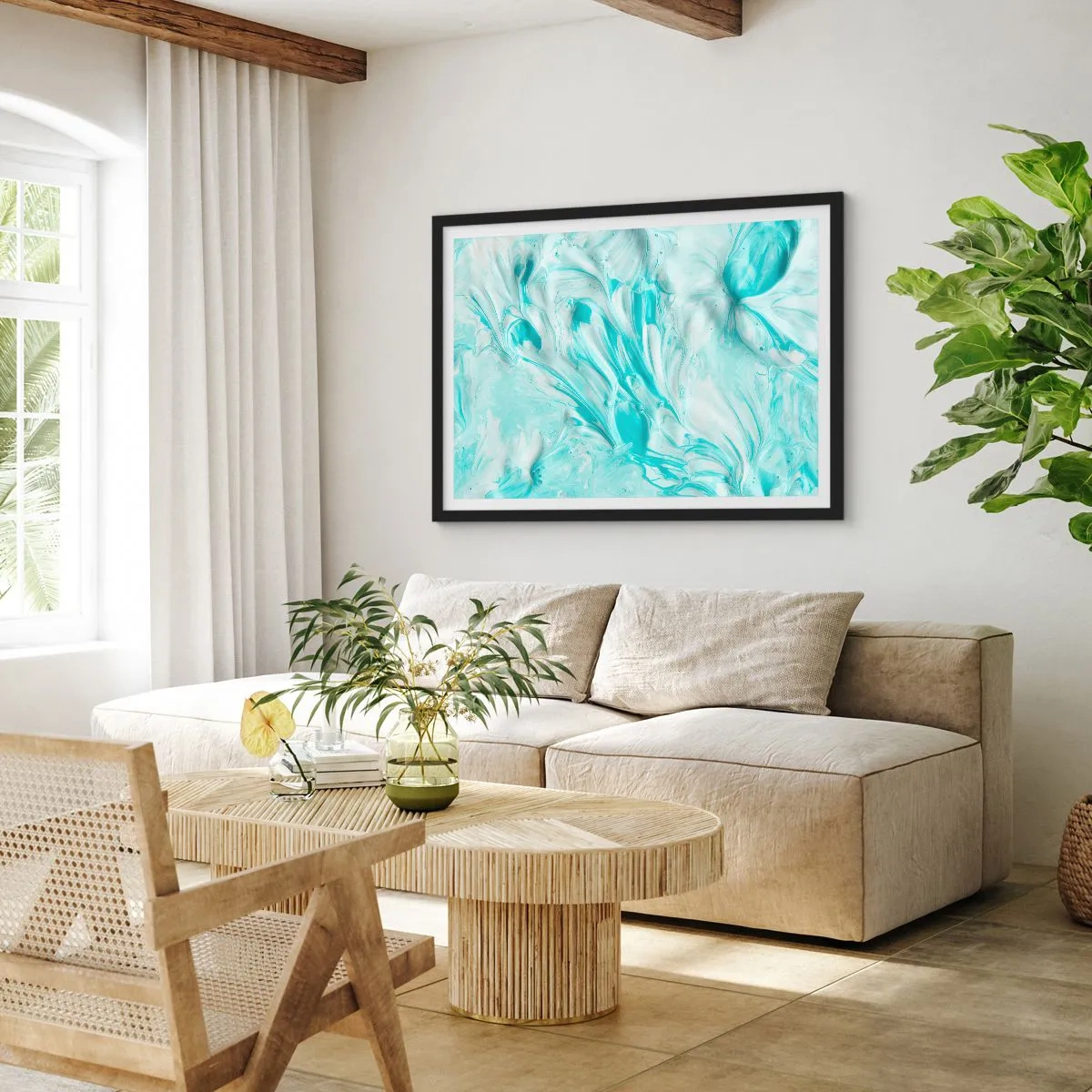 Affiche dans un cadre noir - Poster - Un motif abstrait dans des tons pastel de bleu et de blanc. - 100x70cm - Ensemble pour toujours - Décoration murale moderne pour le salon et la chambre ARTTOR