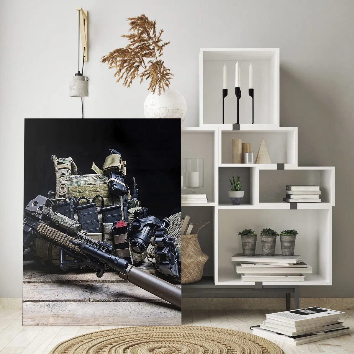 Impression sur verre - Image sur verre - Équipement tactique et armes disposés sur une table en bois - 50x70cm - Se reposer! - Décoration murale moderne pour le salon et la chambre ARTTOR