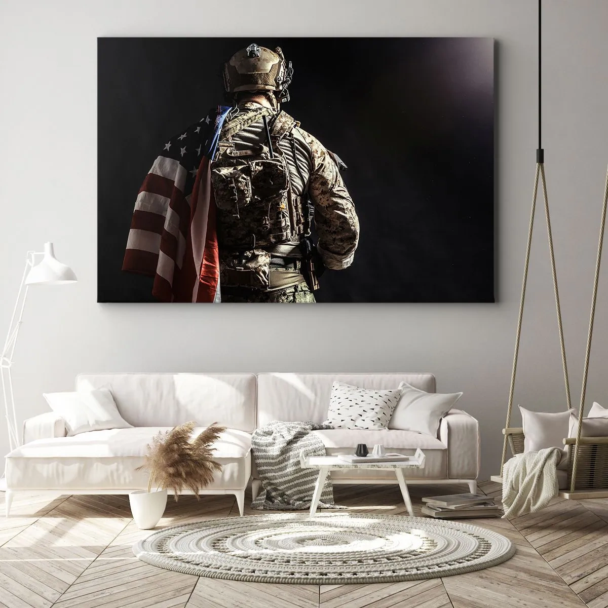 Impression sur toile - Image sur toile - Un soldat en uniforme avec un drapeau sur un fond sombre - 120x80cm - C'est exactement pour ça - Décoration murale moderne pour le salon et la chambre ARTTOR