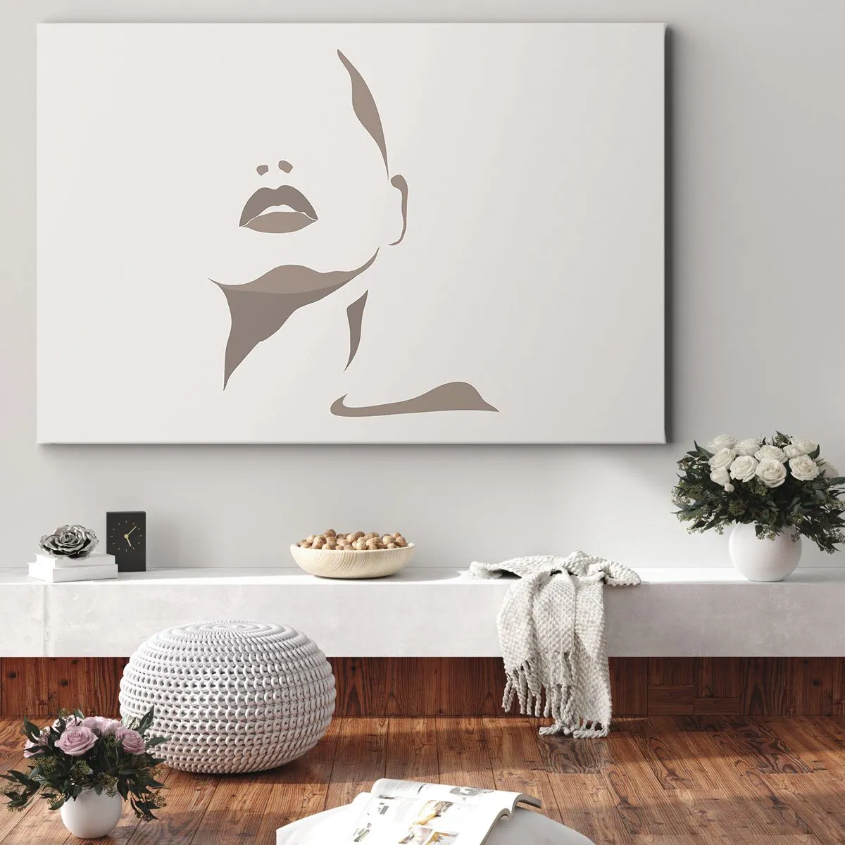 Impression sur toile - Image sur toile - Contour minimaliste du visage d'une femme dans des tons beiges délicats - 70x50cm - Fait de lumière et d'ombre - Décoration murale moderne pour le salon et la chambre ARTTOR