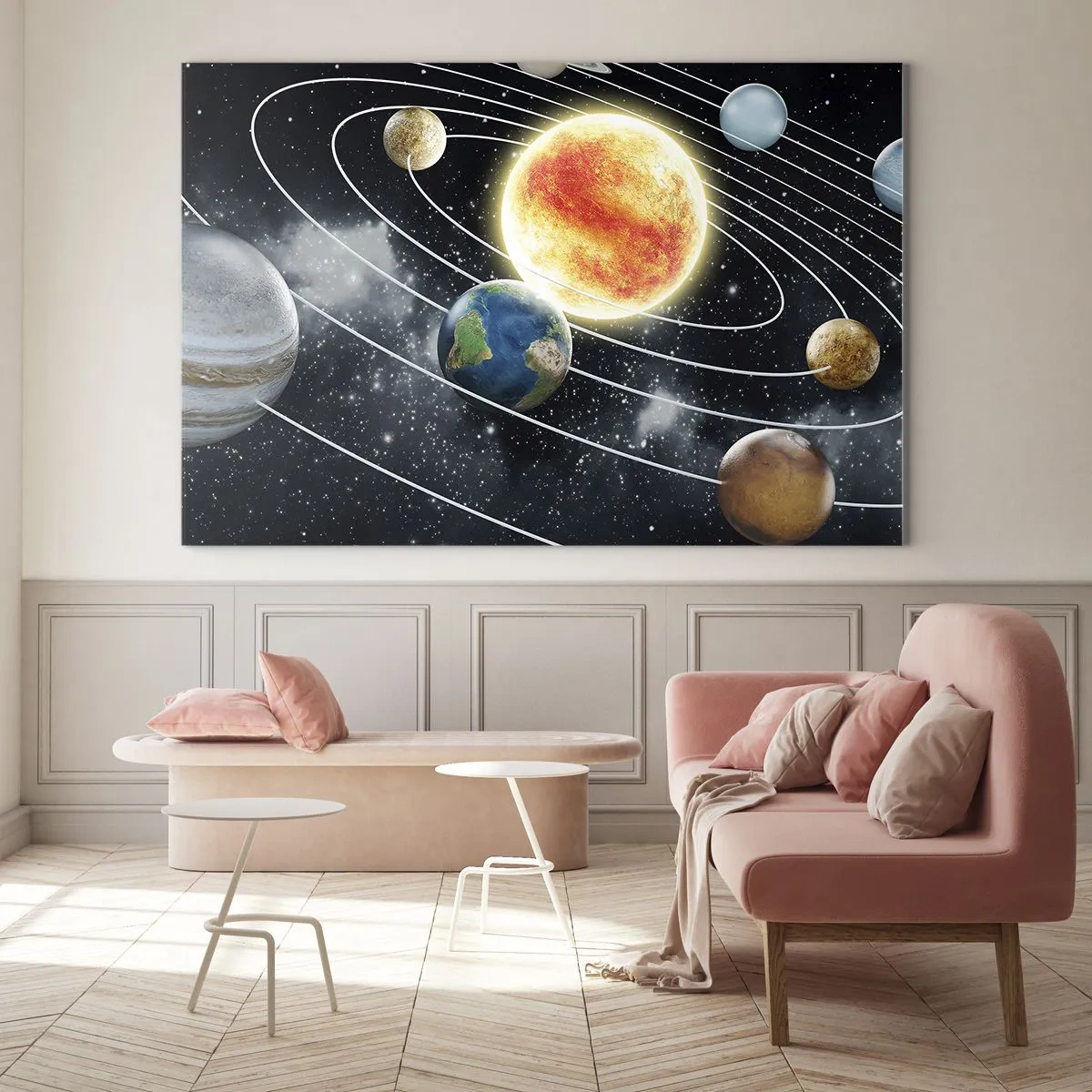 Impression sur verre - Image sur verre - Le système solaire avec ses planètes et ses orbites sur fond d'espace - 70x50cm - Danse cosmique - Décoration murale moderne pour le salon et la chambre ARTTOR