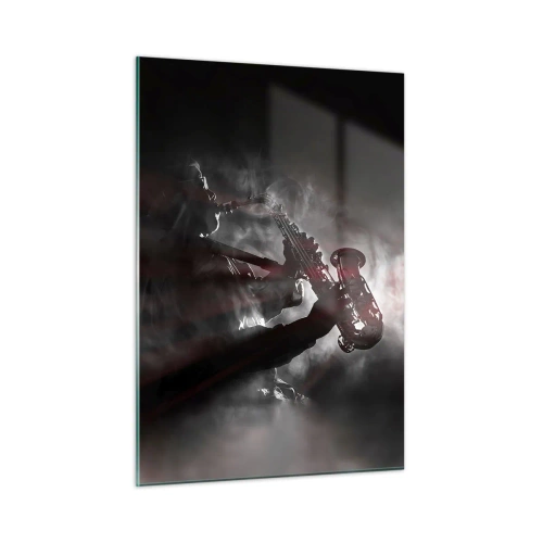 Impression sur verre - Image sur verre - Saxophoniste dans un nuage de fumée en noir et blanc - 50x70cm - Dans les brumes du jazz - Décoration murale moderne pour le salon et la chambre ARTTOR