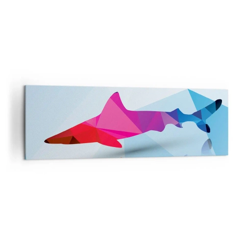 Impression sur toile - Image sur toile - Silhouette de requin géométrique dans les tons rose et bleu - 160x50cm - Un requin dans un espace de cristal - Décoration murale moderne pour le salon et la chambre ARTTOR