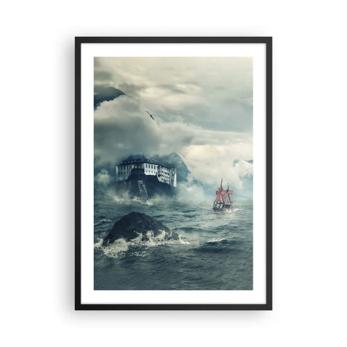 Affiche dans un cadre noir - Poster - Un navire sur une mer agitée près d'un château dans le brouillard - 50x70cm - Dans l'eau magique - Décoration murale moderne pour le salon et la chambre ARTTOR