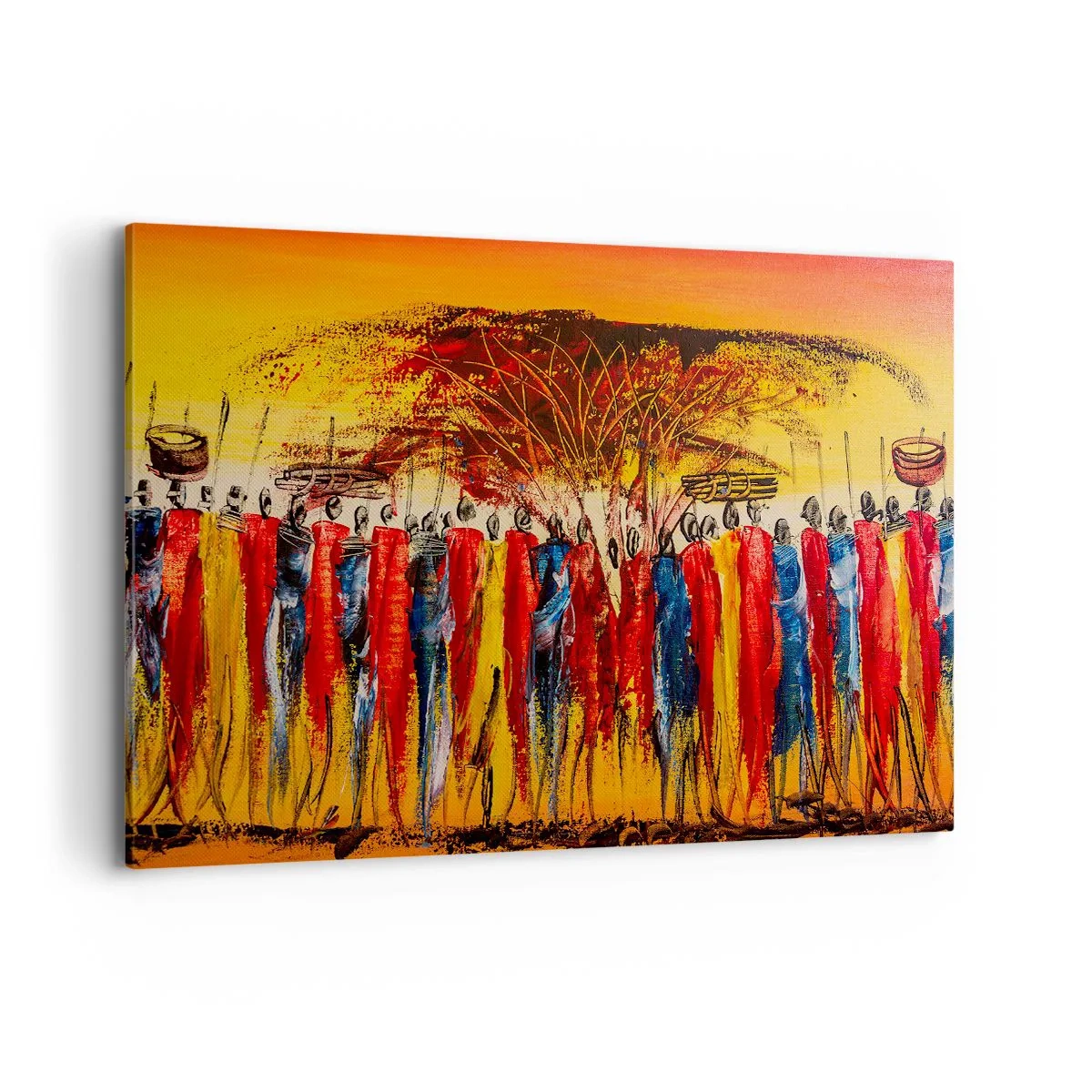 Impression sur toile - Image sur toile - Une scène colorée avec des personnages africains sur fond de soleil couchant. - 120x80cm - Là-bas, là-bas, ils vont là-bas - Décoration murale moderne pour le salon et la chambre ARTTOR