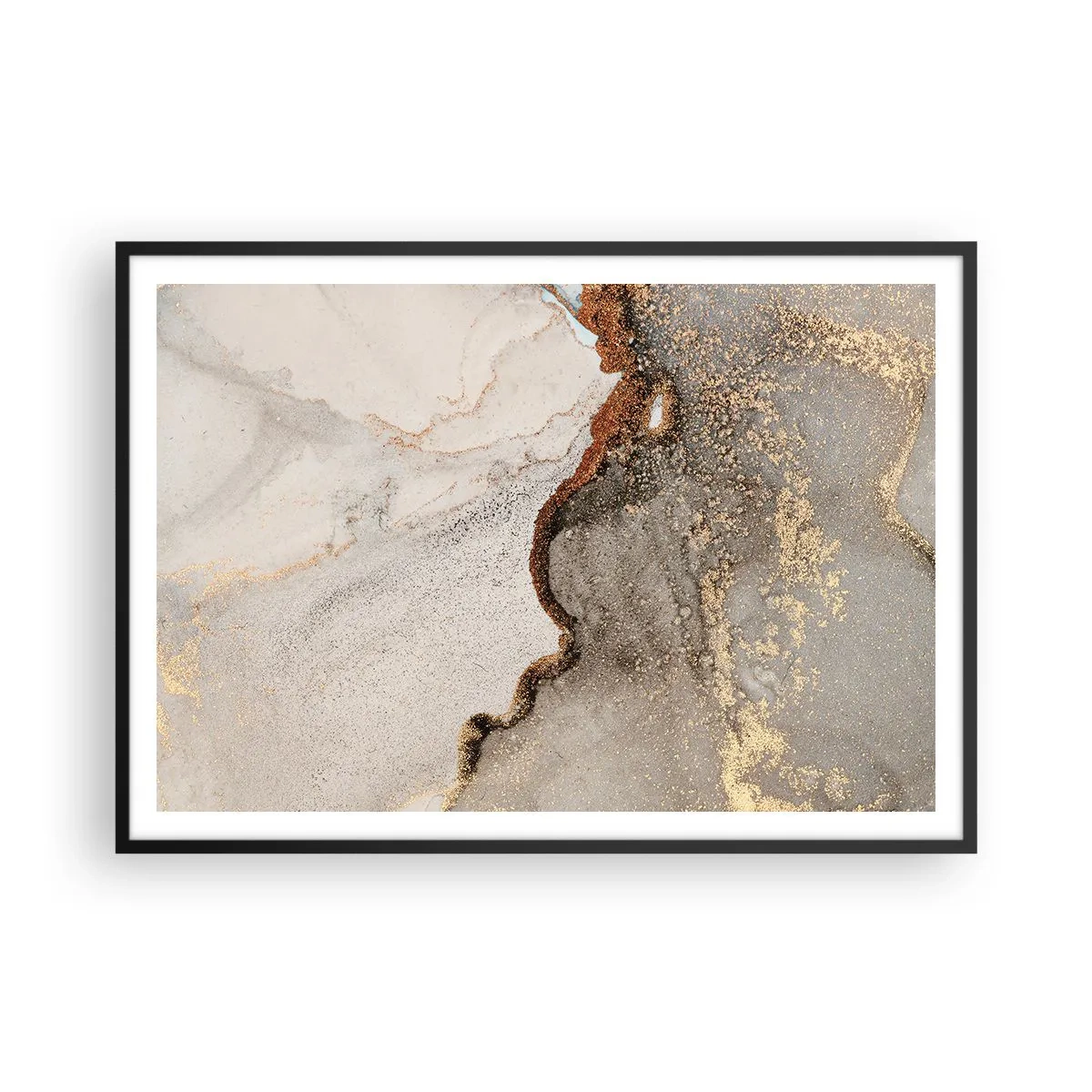 Affiche dans un cadre noir - Poster - Motif abstrait avec des nuances d'or et de gris - 100x70cm - Aux frontières des couleurs - Décoration murale moderne pour le salon et la chambre ARTTOR