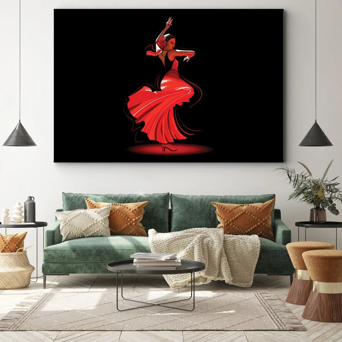 Impression sur toile - Image sur toile - Danseuse de flamenco en robe rouge sur fond noir - 100x70cm - L'esprit fougueux du flamenco - Décoration murale moderne pour le salon et la chambre ARTTOR