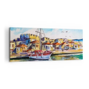 Impression sur toile - Image sur toile - Un port pittoresque avec un bateau et des bâtiments colorés - 120x50cm - Après-midi arc-en-ciel - Décoration murale moderne pour le salon et la chambre ARTTOR
