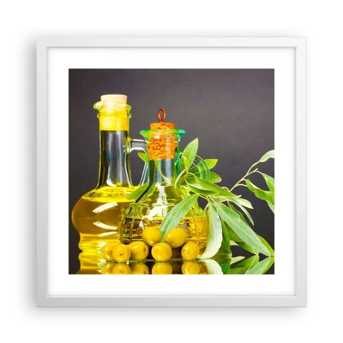 Affiche dans un cadre blanc - Poster - Nature morte aux olives et à l'huile d'olive - 40x40 cm