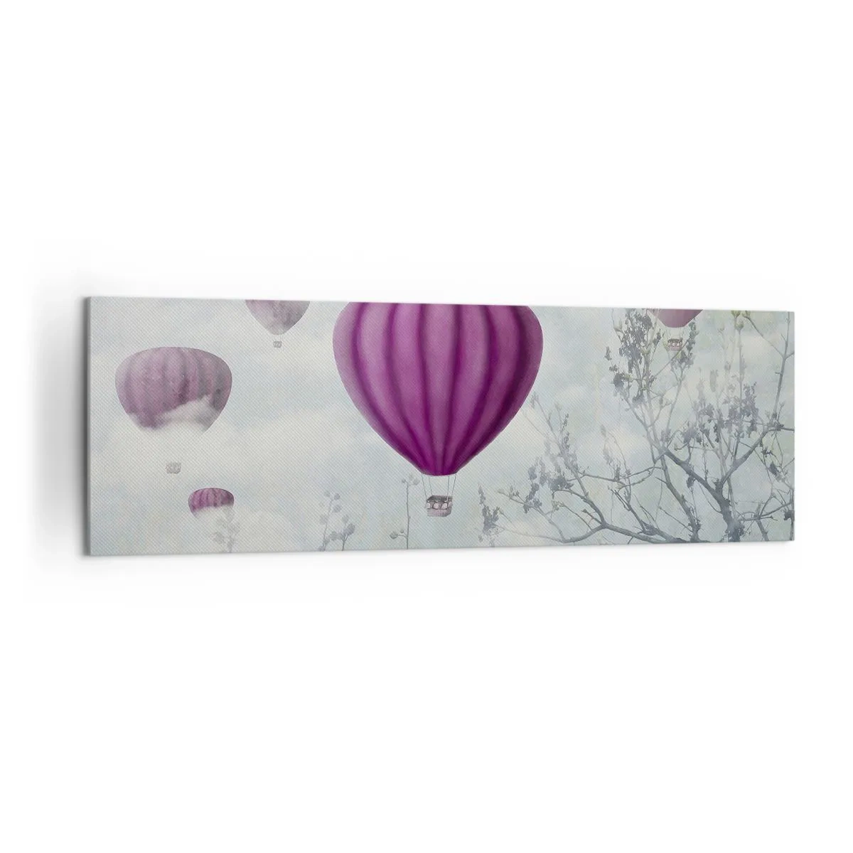 Impression sur toile - Image sur toile - Des ballons violets flottant au-dessus des arbres dans les nuages - 160x50cm - Comme des navires dans le ciel - Décoration murale moderne pour le salon et la chambre ARTTOR