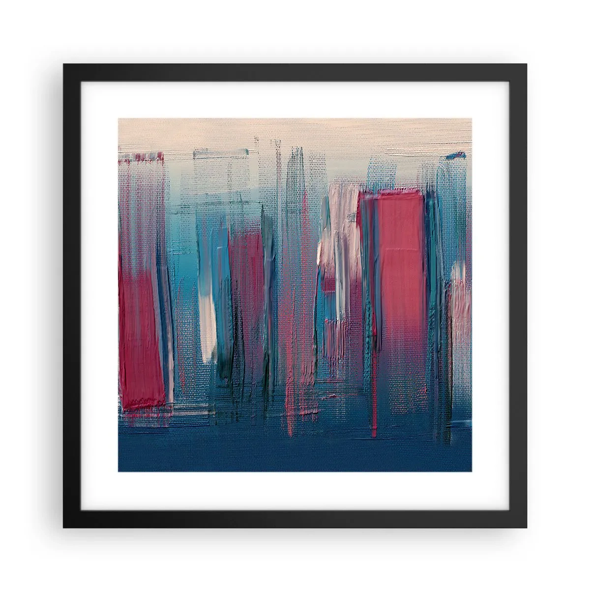 Affiche dans un cadre noir - Poster - Composition verticale en bleu et rouge - 40x40 cm