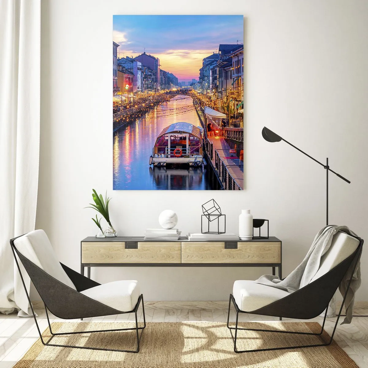 Impression sur verre - Image sur verre - Vue nocturne du canal illuminé avec bateaux et cafés - 50x70cm - Soirée de lumière et de jeu - Décoration murale moderne pour le salon et la chambre ARTTOR